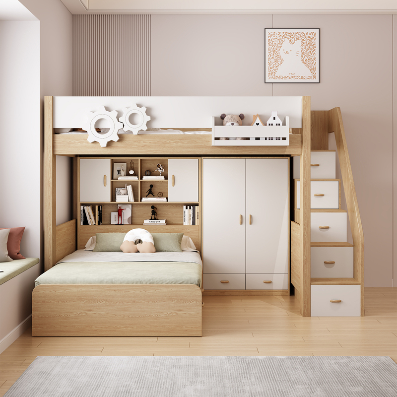 Misaligned Children's Bed, Desk, and Wardrobe Integrated into One, Suitable for Small Apartments, Bunk Beds with Staggered Design for Siblings to Use Without Interference