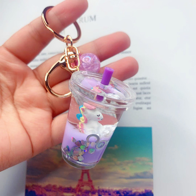 Purple Unicorn Milk Tea Cup + Crystal Balla bag unicorn Milk tea cup Pendant Key buckle female delicate ins lovely Internet celebrity originality girl Bag Hanging decoration