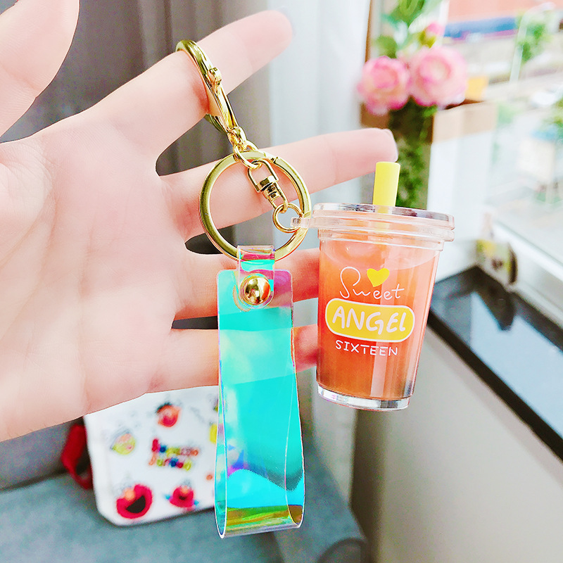 Violet & Imitation Milk Tea Orangea bag unicorn Milk tea cup Pendant Key buckle female delicate ins lovely Internet celebrity originality girl Bag Hanging decoration