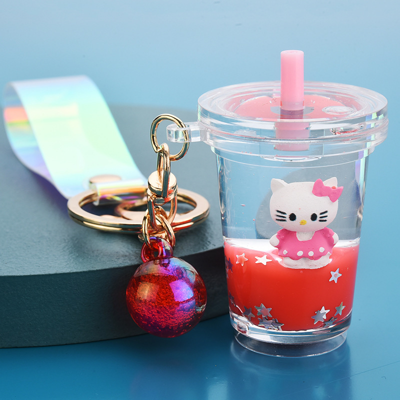 Red KT Cat Milk Tea Cupa bag unicorn Milk tea cup Pendant Key buckle female delicate ins lovely Internet celebrity originality girl Bag Hanging decoration