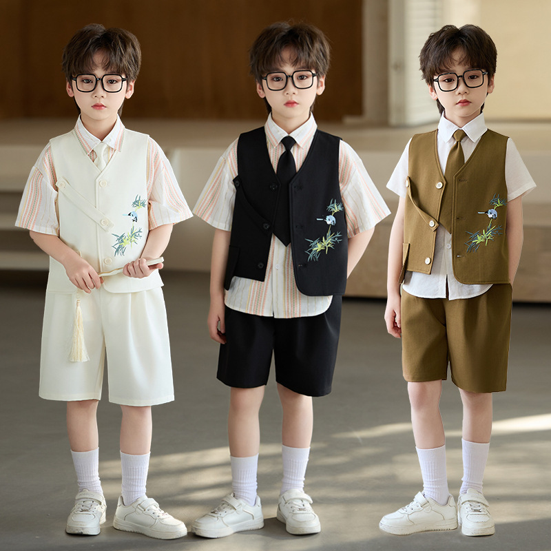 Summer Children's New Chinese-Style Embroidered Vest Suit for Boys, Boys' Suit for May Day Event Host Performance Outfit Formal Wear