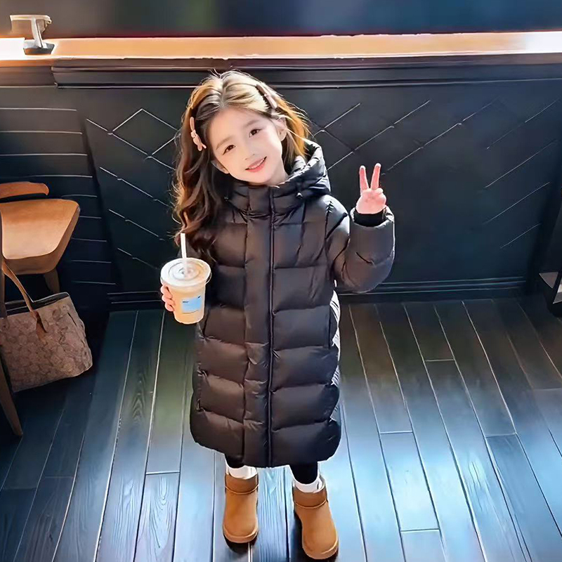 Girls' Black and Gold Mid-Length Cotton Coat, Winter 26 New Model, Korean Style Over-The-Knee Thickened Hooded Cotton Jacket for Older Children