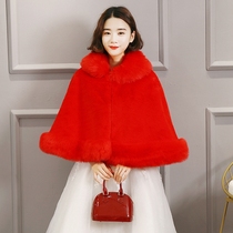 Bride Shawl Winter 2021 New Wedding Imitation Fox Fur Red Cape Wedding Dress Outside Wedding Thickened Small Coat
