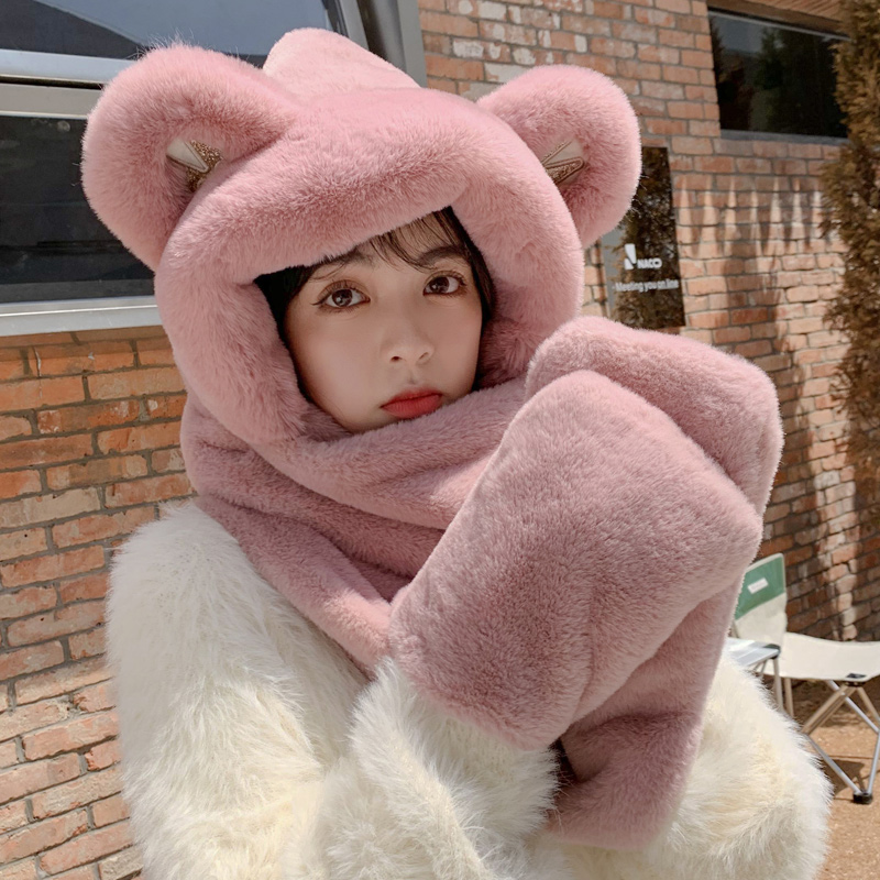 Bear hat and scarf all-in-one female winter Korean version cute tide vibrato children's gloves hooded scarf three-piece plush