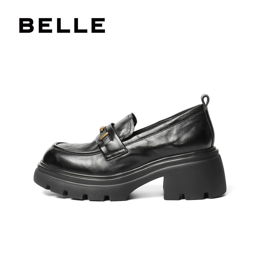Belle gilt Lok Fu retro thick-soled jk shoes women's 25 new black small leather shoes deep mouth single shoes E1Y1D