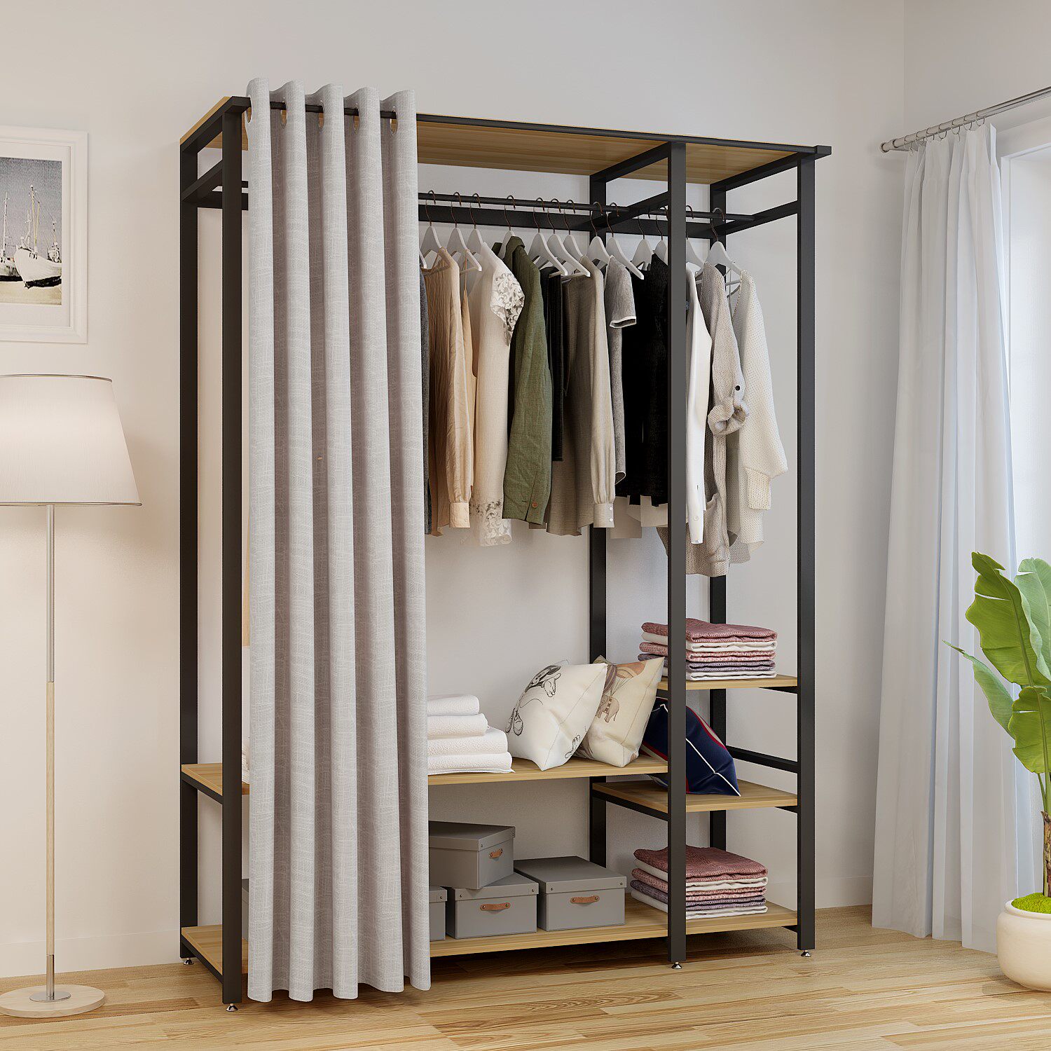 Steel-wood combination wardrobe simple clothes rack with cloth cover cloakroom cabinet combination steel-wood coat rack narrow small wardrobe