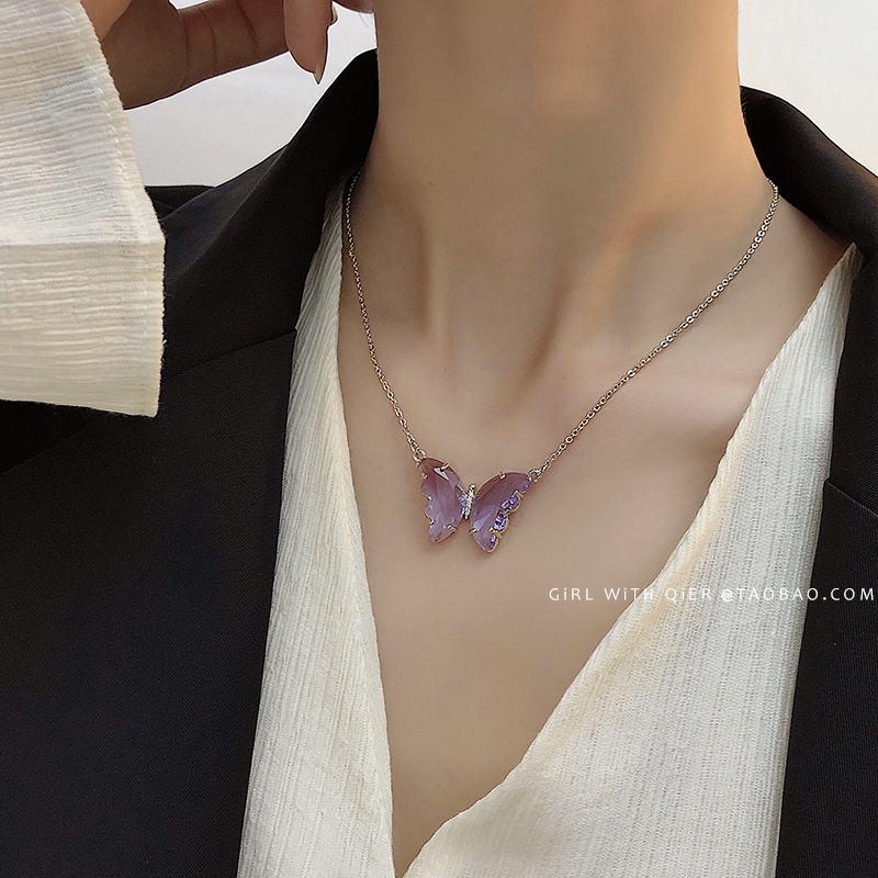 Fantasy purple crystal butterfly necklace female summer niche design sense necklace fairy clavicle chain 2022 new