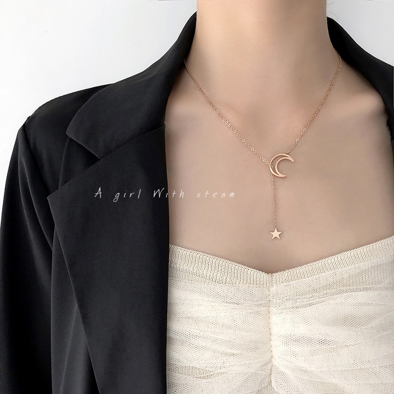 Titanium steel not dropping color Stars Necklace Woman small crowddesign Adjustable Moon Lock Bone Chain Brief Lukewarm Wind Neck Necklace