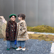 Boys and girls wool plaid hooded coat 2022 late autumn childrens clothing childrens baby Korean casual velvet coat