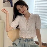 Шифоновый кружевной летний сексуальный кардиган, короткая футболка, короткий рукав, коллекция 2021, облегающий крой, V-образный вырез