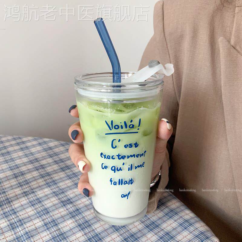 Half-engraved in wind*Print letter straw cup*Coffee milk tea cold drink cup household with covered glass cup