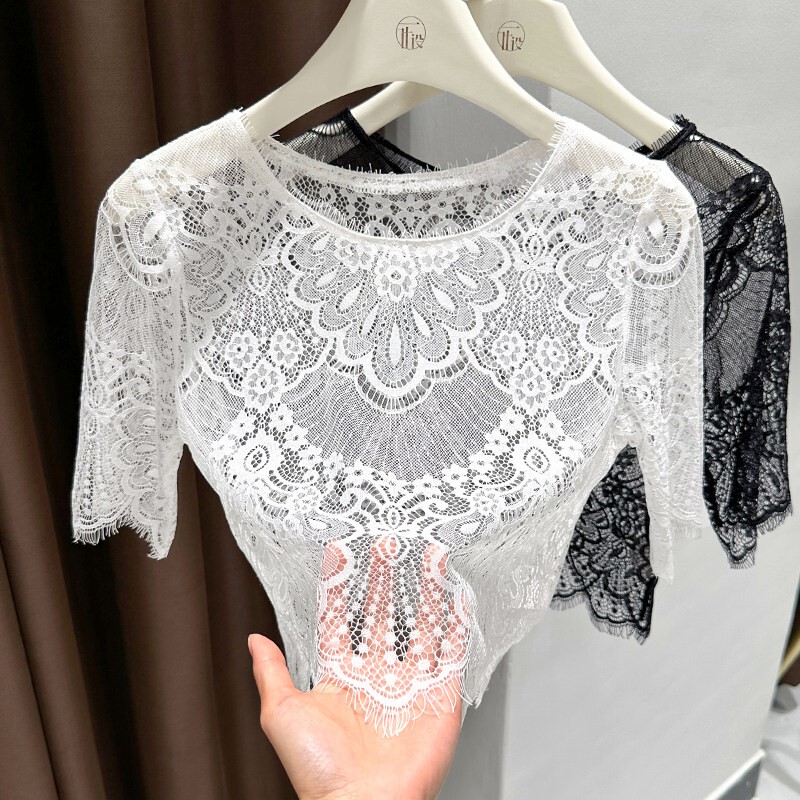 Sheer Lace Top for Women Paired with a Slip Dress, Short-Sleeve T-Shirt as a Base Layer, Short Mesh Overlay Blouse with Mid-Sleeves