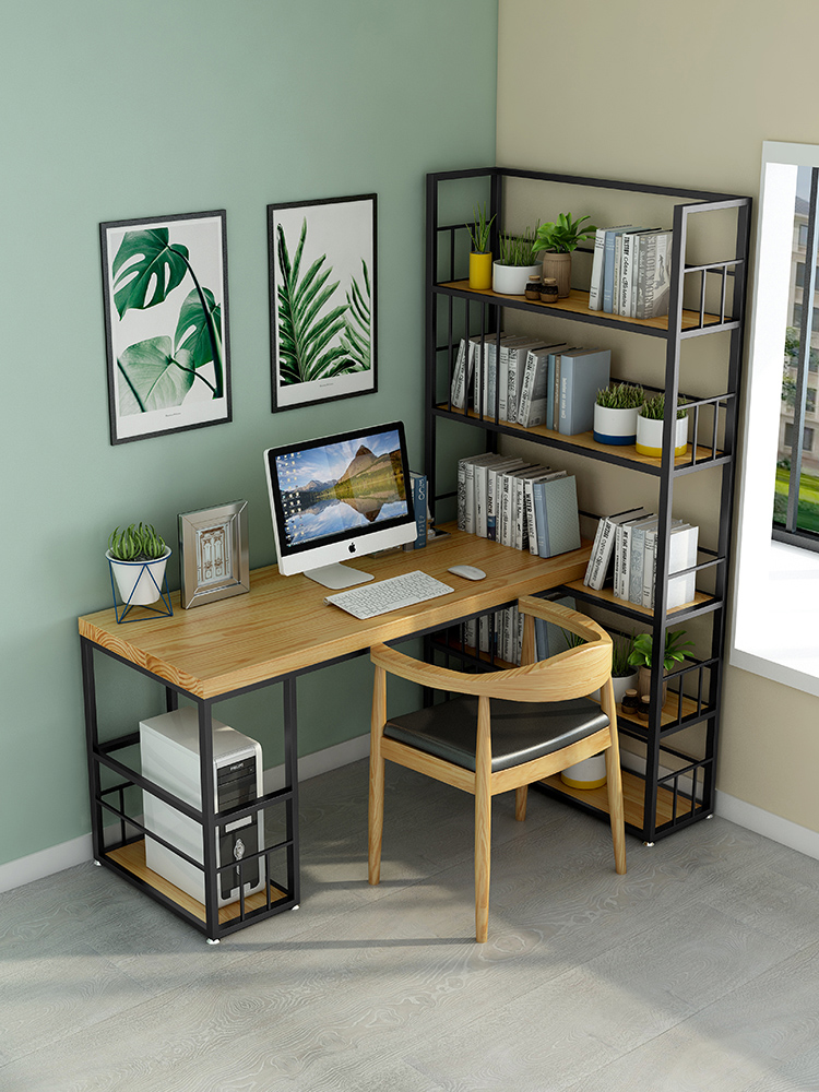 Solid wood desk bookshelf integrated corner desk office Nordic loft bookcase modern desktop computer desk