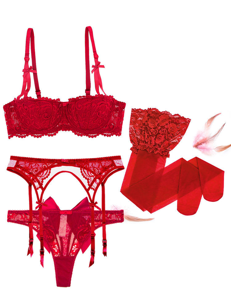 Sexy complete set of underwear confused ultra-thin summer half glass of red lace little cute lady with socks butterfly