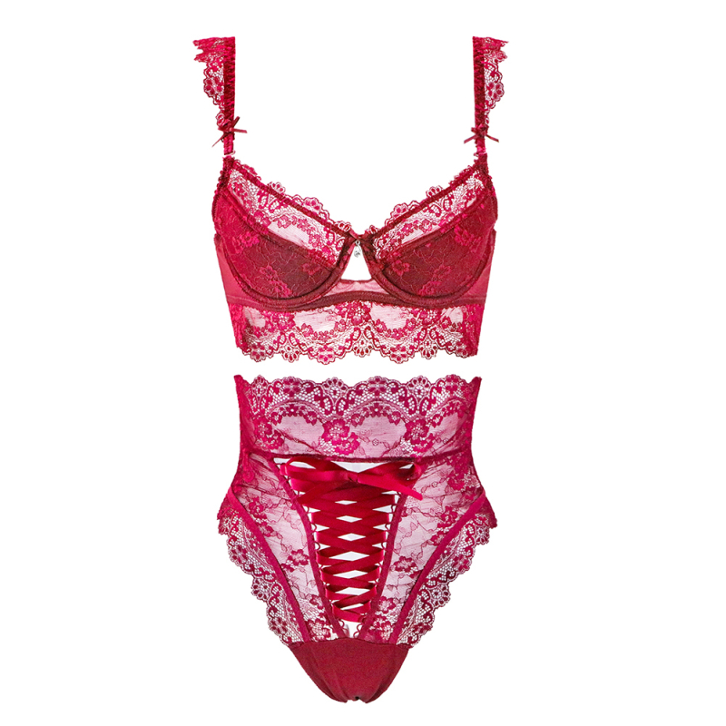 Lace Ultra Thin Sexy Transparent High Waist Strap Briefs Underwear Set Bra Thin Black Red Thong