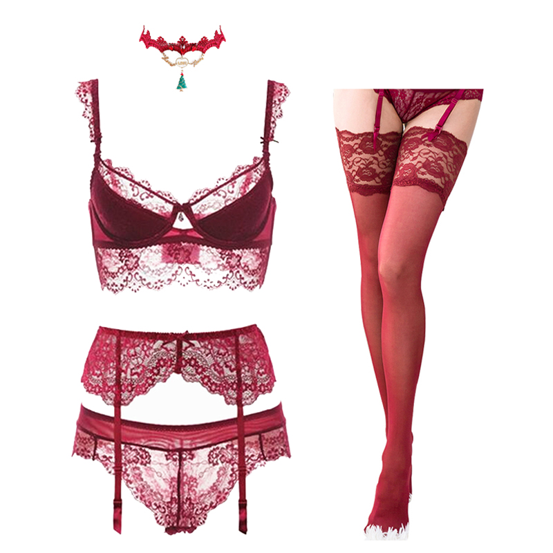 Christmas palace style lace sexy underwear suit female small chest gathered adjustable underwear garter belt 5-piece set