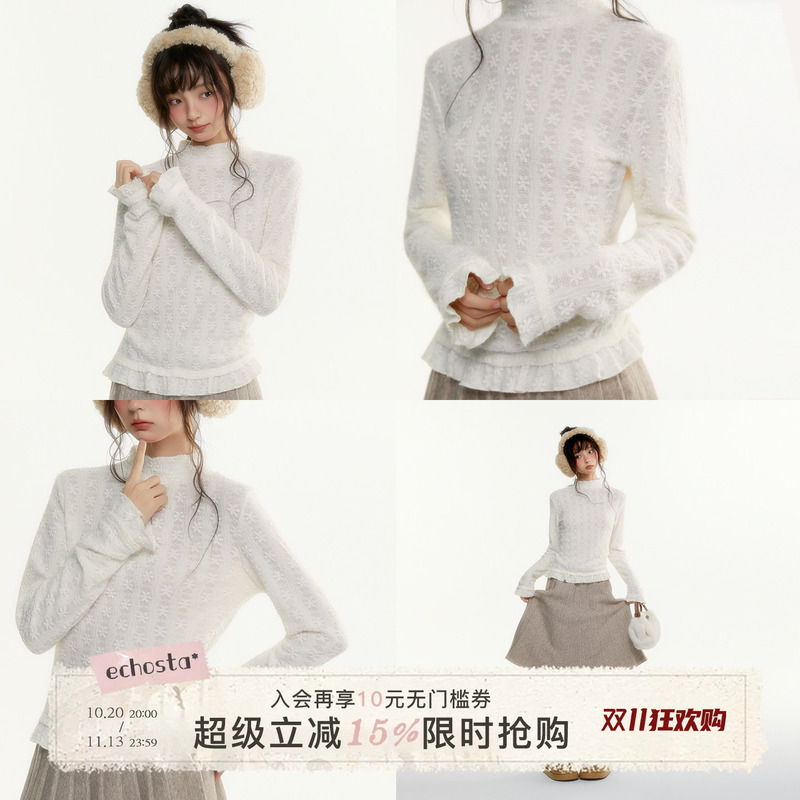 Echosta Half-High Collar Lace Base Layer Autumn and Winter Women's Korean Style Ruffled Long-Sleeve Slim Fit T-Shirt Top