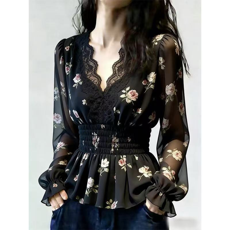 Elegant Goddess Style Black Floral Chiffon Shirt for Women, New Summer Lace V-Neck Waist-Cinching Slimming and Age-Reducing Top Elegant Goddess Style Black Floral Chiffon Shirt for Women, New Summer Lace V-Neck Waist-Cinching Slimming and Age-Reducing Top