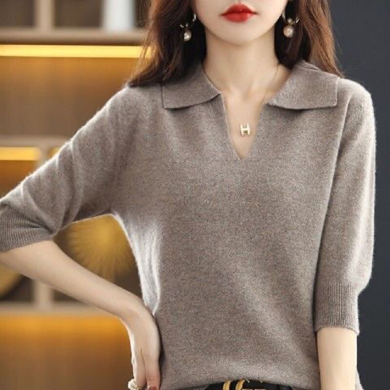 2025 Spring and Autumn New V-Neck Sweater Women's Three-Quarter Sleeve T-Shirt Top Loose Half-Sleeve Knitted Base Shirt Women's Top