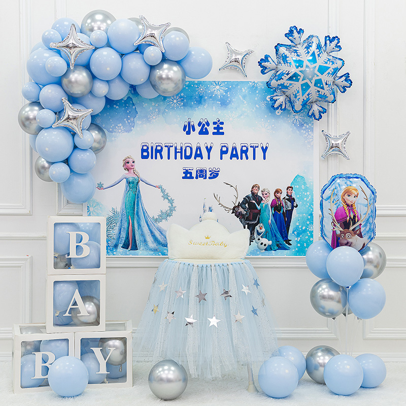 Girl's children's birthday decorated balloon scene arranged with snow-fringe party theme Princess Anna Aisha