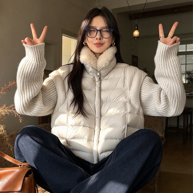 Knitted Sleeve Patchwork Lapel Lamb Wool Collar down Jacket 2026 Winter New Style 90 White Duck down Short Warm Coat Knitted Sleeve Patchwork Lapel Lamb Wool Collar down Jacket 2026 Winter New Style 90 White Duck down Short Warm Coat