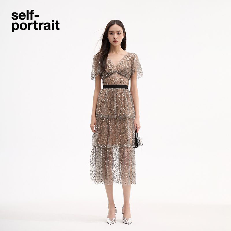 Self-Portrait Spring and Summer Leaf Sequins Heavy Beading Dinner Light Dress Fairy Long Skirt Dress