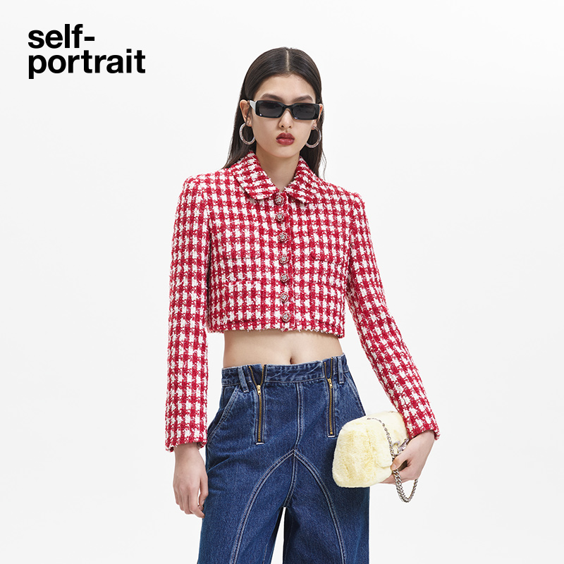 self-portrait 2023 autumn winter red pink plaid sweetened with long sleeve button jacket blouse-Taobao