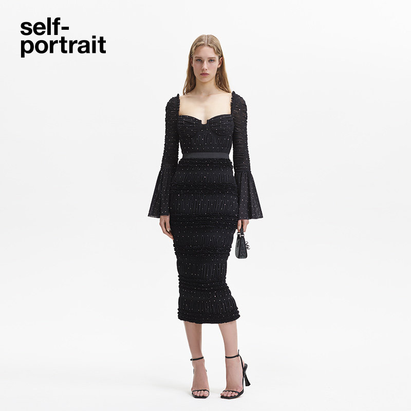 self-portrait 2023 autumn winter classic black elegant and delicate square neckline long sleeve long dress-Taobao
