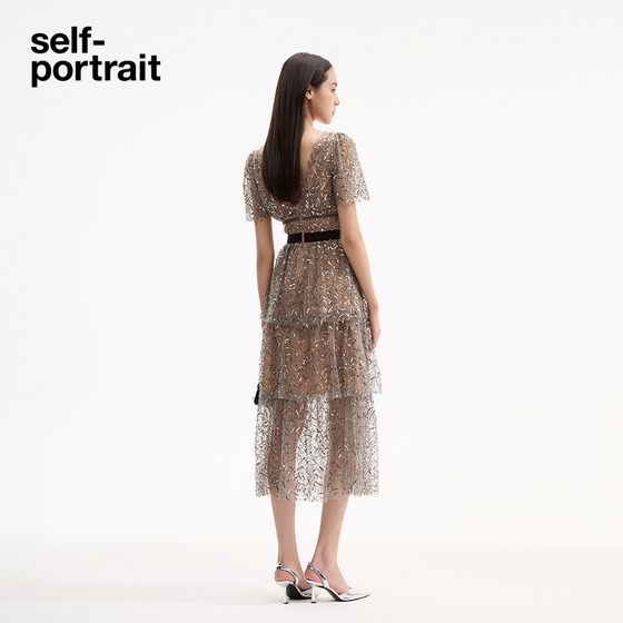 self-portrait 春夏树叶亮片重工钉珠晚宴会轻礼服仙女长裙连衣裙