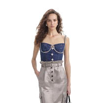 self-portrait 2024 early autumn denim blue sweet and versatile diamond-embellished camisole top