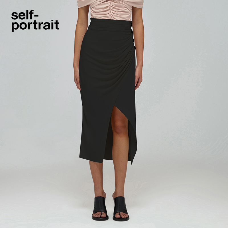 self-portrait 2022 spring and summer classic black big slit design light luxury high-end bottoms half skirt midi skirt