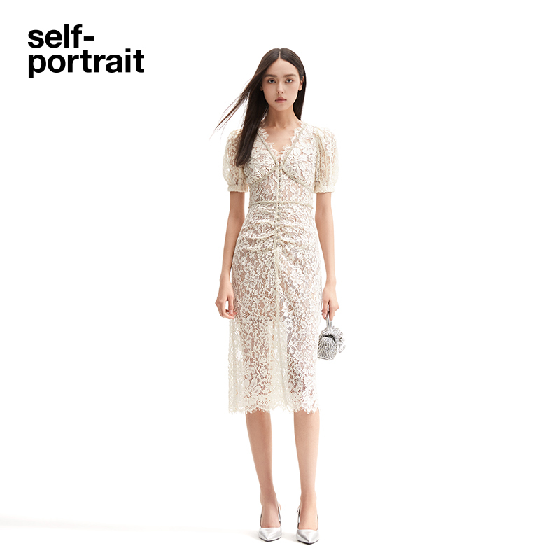 Self-Portrait Lace White Diamond-Embellished Elegant Long Dress Banquet Engagement Dress High-End Classic Dress
