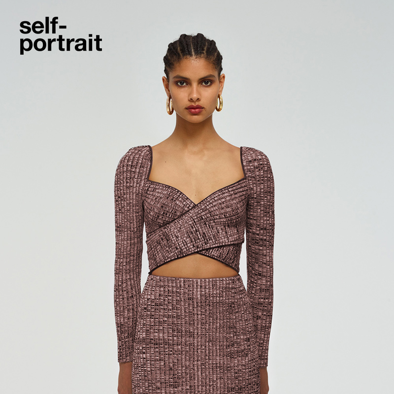 self-portrait 2022 early spring red and pink mixed color blended slim cross-knit top