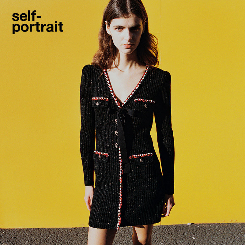 self-portrait autumn and winter classic black bow V-neck knitted sweater dress skirt