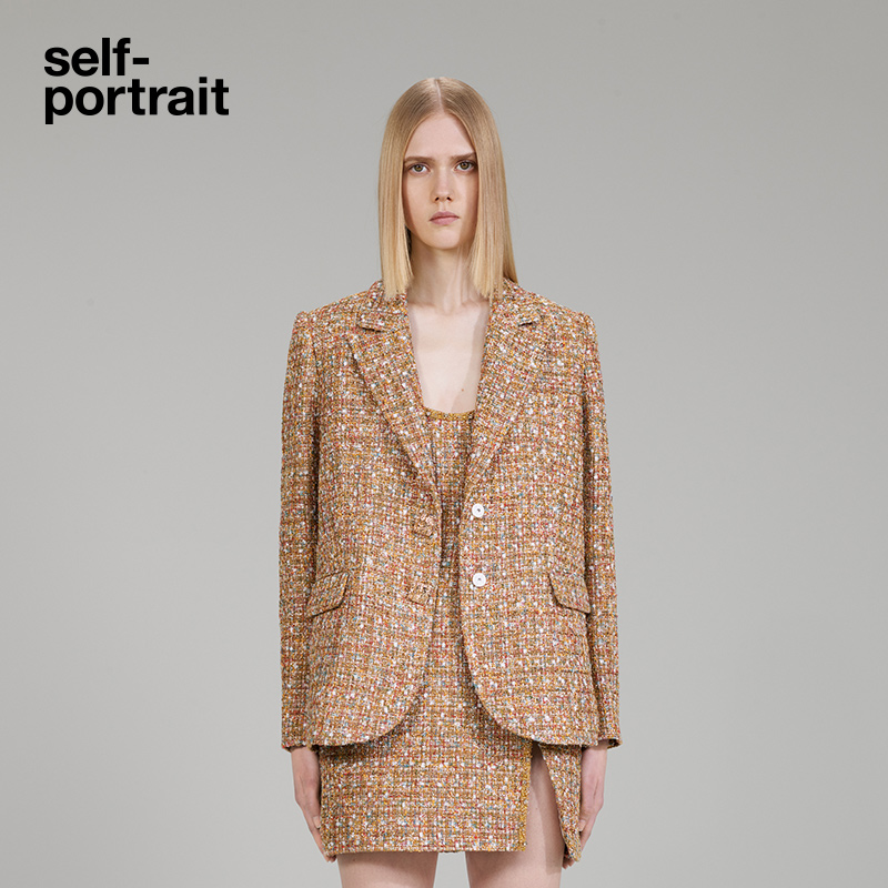 self-portrait 2022 autumn and winter camel gold tweed small fragrant style daughter V-neck coat