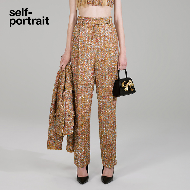 self-portrait 2022 autumn and winter camel gold tweed small fragrance daughter straight trousers