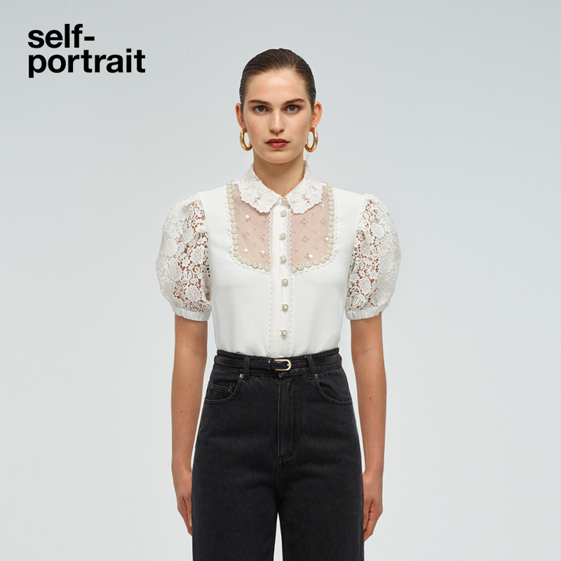 self-portrait 2022 spring and summer pure white lace puff sleeve French sweet top