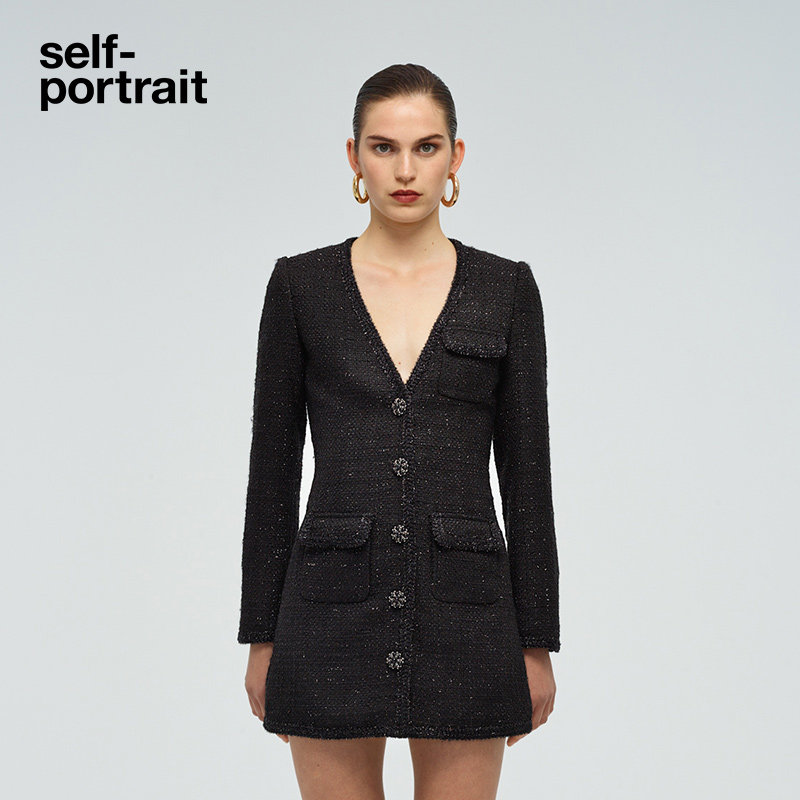 self-portrait classic black slim V-neck small fragrance dress