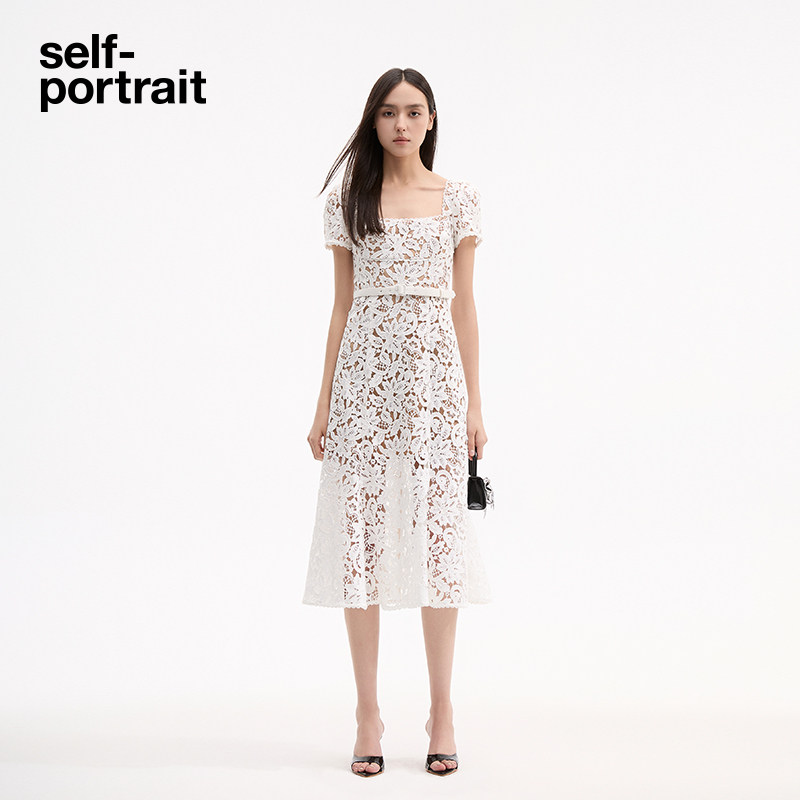 self-portrait 2024 early autumn new pure white temperament square neck fishtail lace dress mid-length skirt