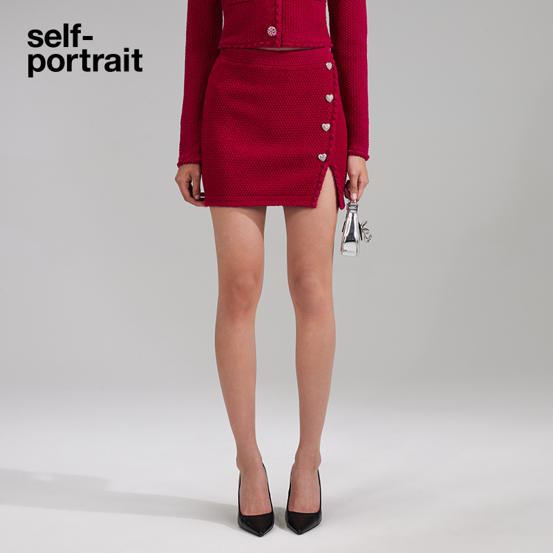 self-portrait 2023 early spring French red blend knitted slit skirt skirt