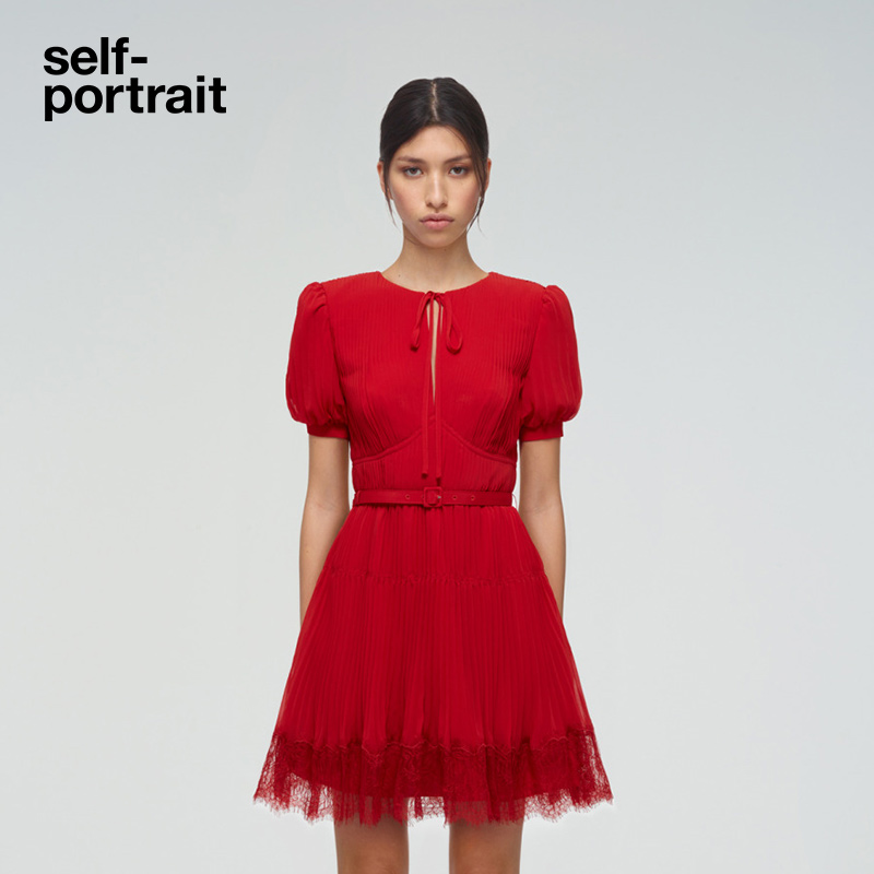 (Same as the star) self-portrait 2022 spring and summer red chiffon bow engagement dress