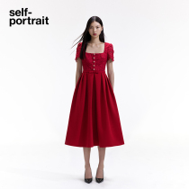 self-portrait 2024 early spring burgundy water-soluble lace cotton poplin square neck dress