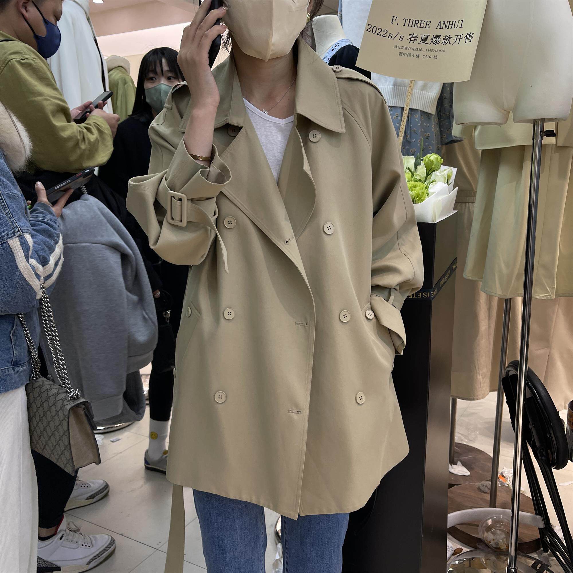 F THREE2022 spring new Korean version design sense back two-grain buckle chaise double-row buttoned windcoat jacket woman