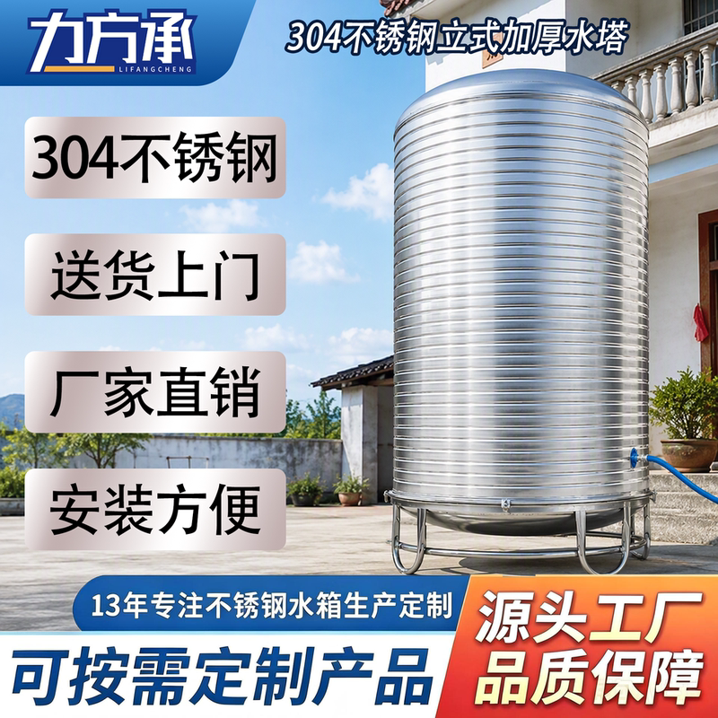 Stainless Steel 304 Round Horizontal Water Tower 1-Ton Water Storage Tank Large Capacity Rural Rooftop Water Barrel Thickened Vertical Water Tank