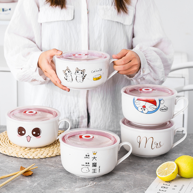 Ceramic fresh bowl with lid pot box for the working family lunch box microwave oven special sealing soup bowl with handle