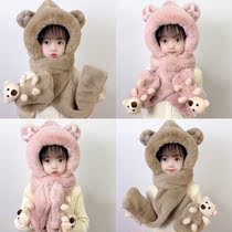 Baby hat winter scarf gloves all-in-one hat boys and girls cute cute plush velvet earmuffs childrens headgear trendy