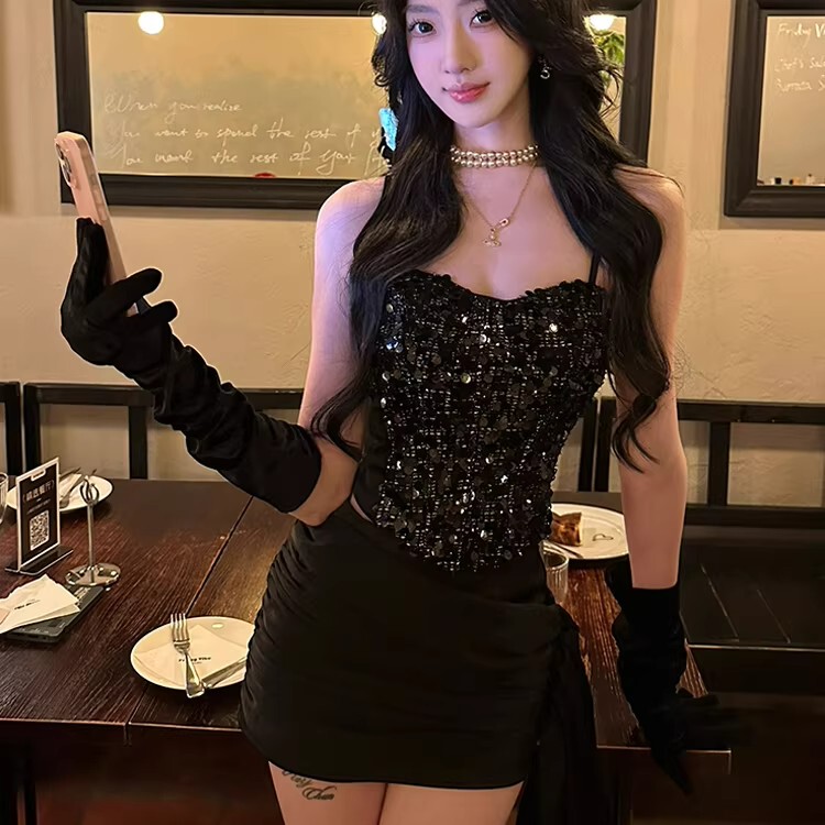 Shining in the Dark, Light Luxury, High-End Atmosphere, Sequined Camisole Top, Spring Bodycon Little Black Dress, Slim-Fit Fashion Set
