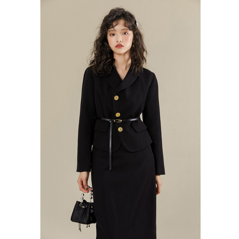 Autumn Winter Advanced Sensation Black Suit 2023 New Retro Port Wind body Temperament Small Suit Two Sets Dress Dress-Taobao