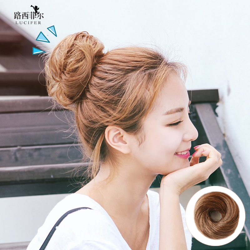 Real hair cute ball head artifact fluffy lazy wig ring plate wig female hair bag flower bud light brown