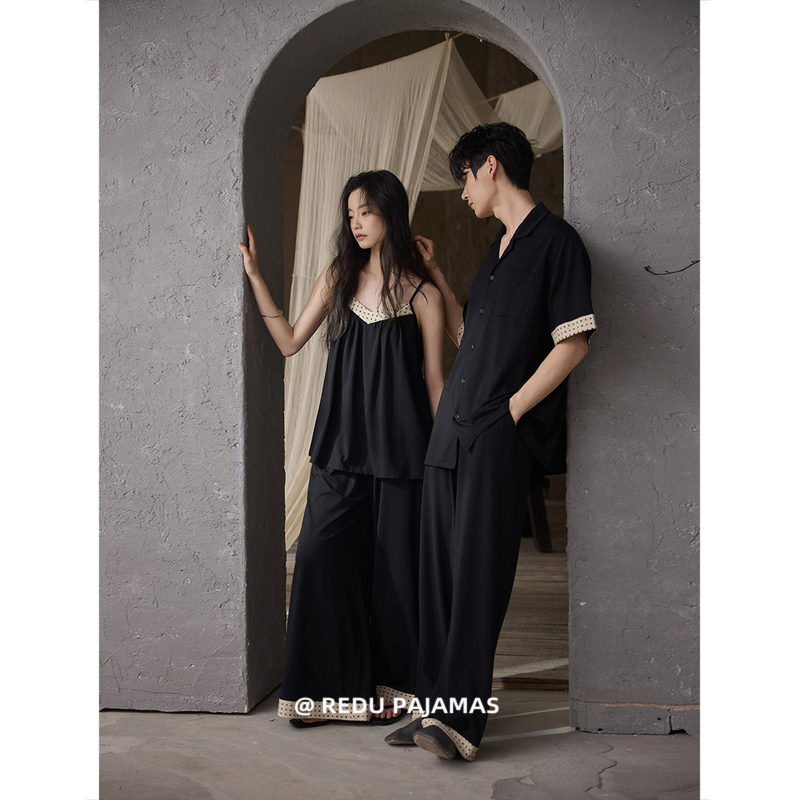 Hot and Cool Black Couple Pajamas for Women, Summer Camisole with Long Pants and Built-In Chest Pads, Short-Sleeved Men's Modal Cool Set
